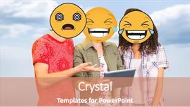  Presentation with people face adults - Amazing presentation theme having digital composite of people using tablet pc with emojis over faces backdrop and a coral colored foreground