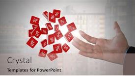  Presentation with percent - PPT theme consisting of digital composite of percent icons and businessman with hand palm open and dark background background and a soft green colored foreground