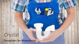  Presentation with wood panel - Slides having digital composite of plumber with white pipe against blurry wood panel background and a soft green colored foreground