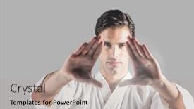  Presentation with martial arts - Colorful slide deck enhanced with digital composite of portrait of martial arts man with grey background backdrop and a light gray colored foreground