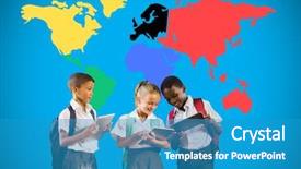  Presentation with school kids - PPT theme with front of colorful world background and a teal colored foreground