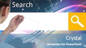  Presentation with search button searching information online - Slide deck featuring digital composite of search bar background and a teal colored foreground