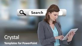  Presentation with search button searching information online - Colorful presentation design enhanced with digital composite of search bar backdrop and a  colored foreground