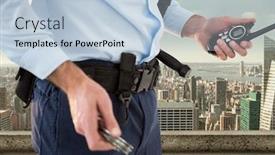 Presentation with building security - Audience pleasing PPT theme consisting of digital composite of security guard in the rooftop of the building backdrop and a light blue colored foreground