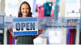  Presentation with clothes shop - PPT layouts having digital composite of shop owner with open sign against blurry clothes background and a teal colored foreground