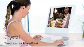  Presentation with video conferencing - Cool new slide set with digital composite of side view of woman video conferencing on computer backdrop and a coral colored foreground