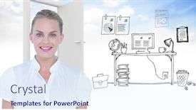  Presentation with graphics - Presentation design enhanced with digital composite of smiling businesswoman with graphics in background background and a sky blue colored foreground