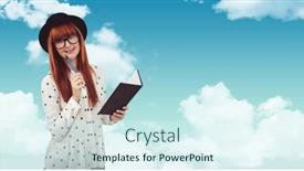  Presentation with digital book - Amazing presentation theme having digital composite of smiling redhead woman holding book against sky backdrop and a cool aqua colored foreground