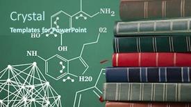  Presentation with digital books - Beautiful slide set featuring digital composite of stack of books next to blackboard with science diagrams backdrop and a ocean colored foreground