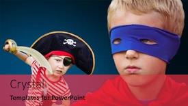  Presentation with pirate - Slide deck having digital composite of superhero boy and pirate boy with blue background background and a red colored foreground