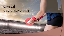  Presentation with table tennis - Audience pleasing theme consisting of digital composite of table tennis player lower body against stadium and sky with clouds backdrop and a coral colored foreground