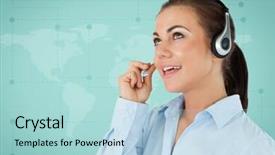  Presentation with green travel - Presentation theme having digital composite of travel agent with headset against green map background and a light blue colored foreground