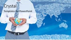  Presentation with travel globe - Amazing slide deck having digital composite of travel agent mid section holding globe against map with clouds and blue background backdrop and a light blue colored foreground