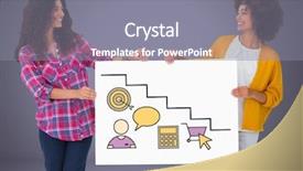  Presentation with targets - Slide set having digital composite of two women holding card with targets and various graphic drawings background and a gray colored foreground