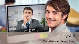  Presentation with chat - Amazing PPT theme having digital composite of video chat between businessmen backdrop and a mint green colored foreground