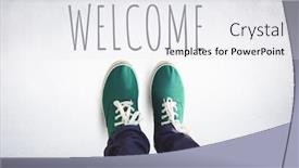  Presentation with welcome - Presentation theme featuring digital composite of welcome text and green shoes on feet with grey background background and a white colored foreground