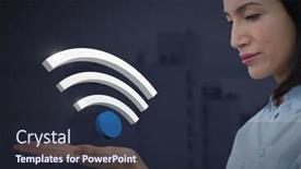  Presentation with palm - Theme with digital composite of wi-fi symbol icon and businesswoman with hands palm open and dark background background and a tawny brown colored foreground