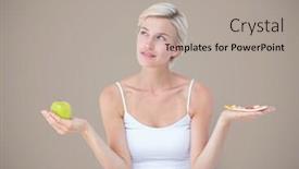  Presentation with woman hands open - Theme with digital composite of woman choosing or deciding eating food with open palm hands background and a light gray colored foreground