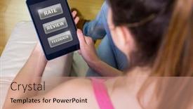  Presentation with feedback review - Audience pleasing presentation theme consisting of digital composite of woman holding tablet with rate review feedback buttons backdrop and a coral colored foreground