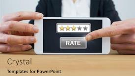  Presentation with review - Audience pleasing presentation design consisting of digital composite of woman holding tablet with rate button and star review ratings backdrop and a coral colored foreground