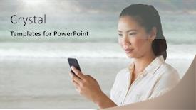  Presentation with mobile phone in woman hand - Audience pleasing presentation theme consisting of digital composite of woman looking at phone against blurry beach and flare backdrop and a light gray colored foreground