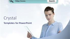  Presentation with search - Audience pleasing PPT layouts consisting of digital composite of woman pointing at air with glass tablet and search bar with bright background backdrop and a sky blue colored foreground
