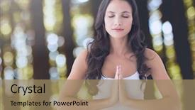  Presentation with peaceful - Amazing slides having digital composite of woman praying meditating yoga peaceful in forest backdrop and a coral colored foreground