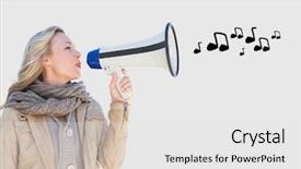  Presentation with composite - Presentation theme featuring digital composite of woman talking in megaphone with musical notes coming background and a white colored foreground