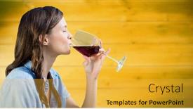  Presentation with wood panel - Theme consisting of digital composite of woman tasting wine against blurry yellow wood panel background and a yellow colored foreground