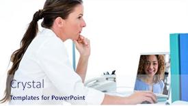  Presentation with video conferencing - Audience pleasing presentation design consisting of digital composite of woman video conferencing with colleague on laptop backdrop and a sky blue colored foreground