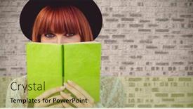  Presentation with digital book - Slide deck with digital composite of woman with green book against brick wall background and a yellow colored foreground