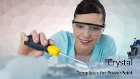  Presentation with digital electronics - Colorful PPT theme enhanced with digital composite of woman with electronics against green and pink vector mesh backdrop and a light blue colored foreground