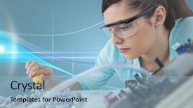  Presentation with digital electronics - Presentation theme having digital composite of woman with electronics against blue background with waves background and a light blue colored foreground