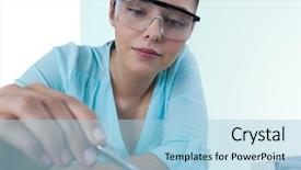  Presentation with electronics white - Colorful theme enhanced with digital composite of woman with electronics against green and white background backdrop and a light blue colored foreground