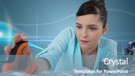  Presentation with digital electronics - PPT layouts consisting of digital composite of woman with electronics and pliers against blue background with waves background and a teal colored foreground