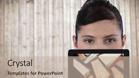  Presentation with digital books - Audience pleasing slide deck consisting of digital composite of woman with tablet showing standing books against blurry wood panel backdrop and a mint green colored foreground