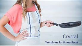  Presentation with yellow wood - Colorful presentation theme enhanced with digital composite of woman in apron with yellow gloves on against blurry grey wood panel backdrop and a sky blue colored foreground