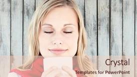  Presentation with wood panel - Colorful presentation enhanced with digital composite of woman with white mug against wood panel backdrop and a lemonade colored foreground