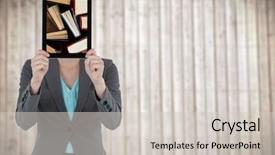  Presentation with digital books - PPT theme enhanced with digital composite of woman with tablet showing standing books against blurry wood panel background and a light gray colored foreground