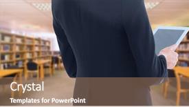  Presentation with digital library - Beautiful PPT theme featuring digital composite of woman on tablet in library backdrop and a coral colored foreground