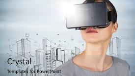  Presentation with wood panel - Slide deck enhanced with digital composite of woman in vr with flare against buildings sketch and grey wood panel background and a light gray colored foreground