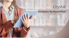  Presentation with digital library - PPT layouts with digital composite of womans hands on tablet in library background and a light gray colored foreground