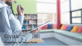  Presentation with digital library - Slide deck enhanced with digital composite of womans hands holding tablet in library background and a light blue colored foreground