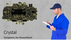  Presentation with digital car - PPT layouts enhanced with digital composition of automobile mechanic writing on clipboard and car interface in background background and a light gray colored foreground