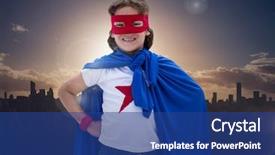  Presentation with superhero - Beautiful slide set featuring digital composition of boy in superhero costume standing with his hands on his hips against cityscape background backdrop and a ocean colored foreground