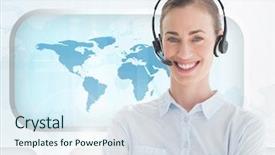  Presentation with woman world - Presentation consisting of digital composition of confident woman in headset standing against world map background and a sky blue colored foreground