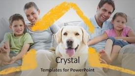  Presentation with dog house - Slide set with digital composition of family and dog sitting on a couch at home against house outline in background background and a coral colored foreground