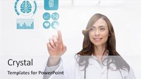  Presentation with digital healthcare - Slide set with digital composition of female doctor pretending to touch healthcare icons against white background background and a white colored foreground