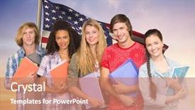  Presentation with digital books - Beautiful presentation featuring digital composition of friends with books standing against american flag in background backdrop and a coral colored foreground