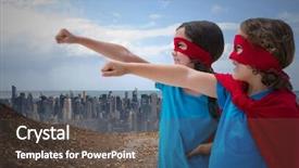  Presentation with kids fly - PPT layouts having digital composition of kids in superhero costume pretending to fly against cityscape background and a tawny brown colored foreground